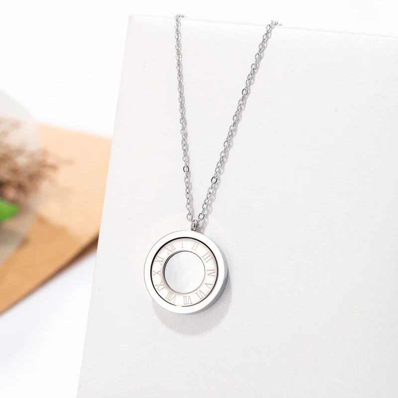 Black Acrylic And Shell Double Side Pendant Necklace Stainless Steel Roman Numeral Gold Color Jewelry For Women Holiday Gifts