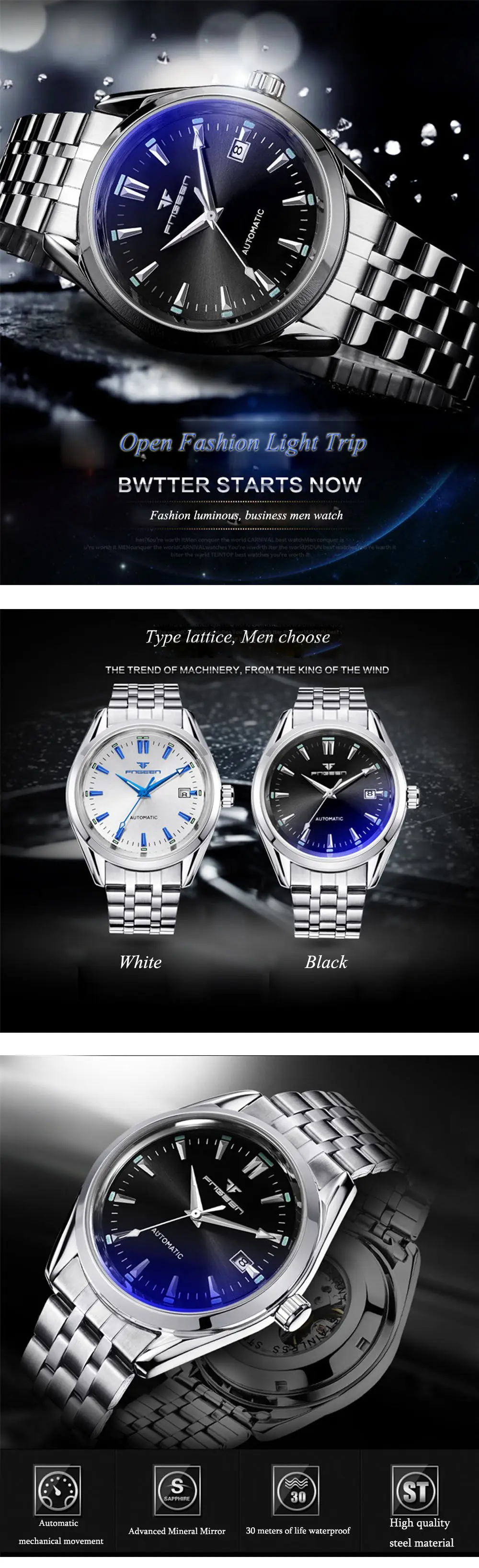 New Fashion Blue Light Automatic Mechanical Watches Business Men Luxury Watch Casual Calendar Wristwatches Male Gifts Watches