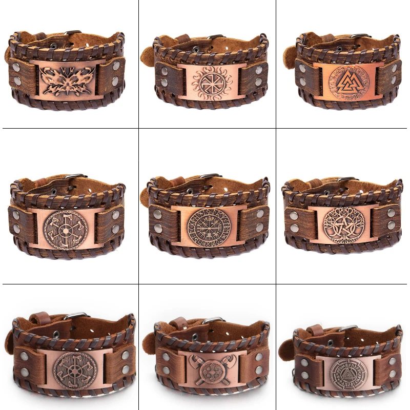 Trendy Viking Bracelet Nordic Rune Compass God Bird Charm Men's Bracelet New Fashion Leather Woven Jewelry Accessorie Party Gift