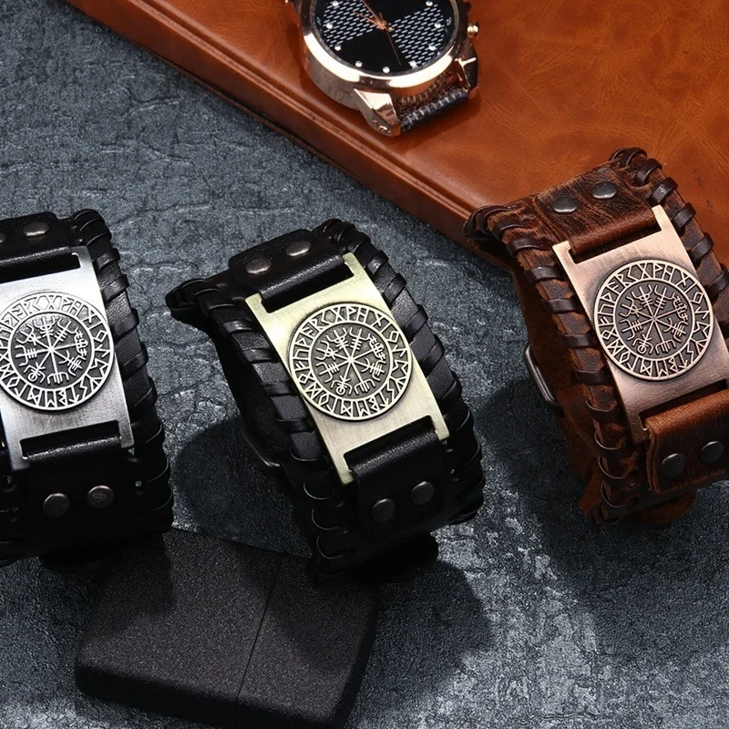 Trendy Viking Bracelet Nordic Rune Compass God Bird Charm Men's Bracelet New Fashion Leather Woven Jewelry Accessorie Party Gift