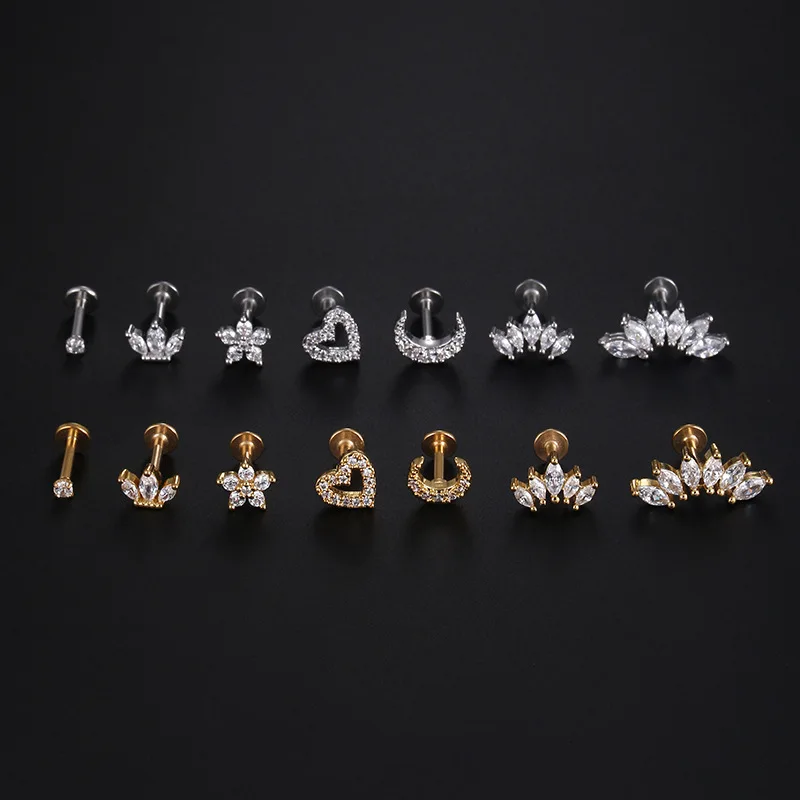 1Piece 1.2mm Heart Flower Crown Cartilage Earrings Stainless Steel Zircon Conch Rook Tragus Stud Labret Back Piercing Jewelry