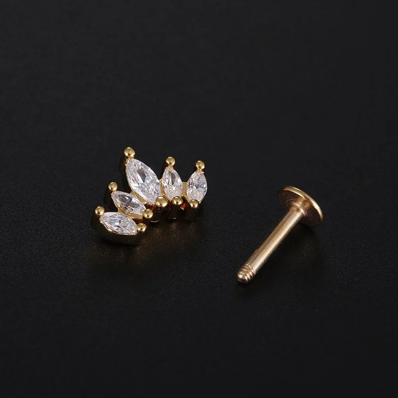 1Piece 1.2mm Heart Flower Crown Cartilage Earrings Stainless Steel Zircon Conch Rook Tragus Stud Labret Back Piercing Jewelry