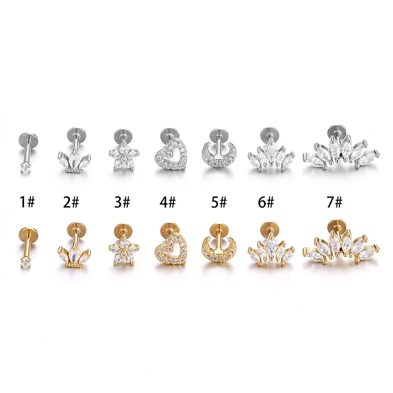 1Piece 1.2mm Heart Flower Crown Cartilage Earrings Stainless Steel Zircon Conch Rook Tragus Stud Labret Back Piercing Jewelry