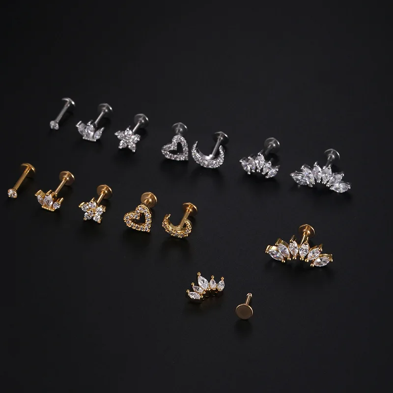 1Piece 1.2mm Heart Flower Crown Cartilage Earrings Stainless Steel Zircon Conch Rook Tragus Stud Labret Back Piercing Jewelry