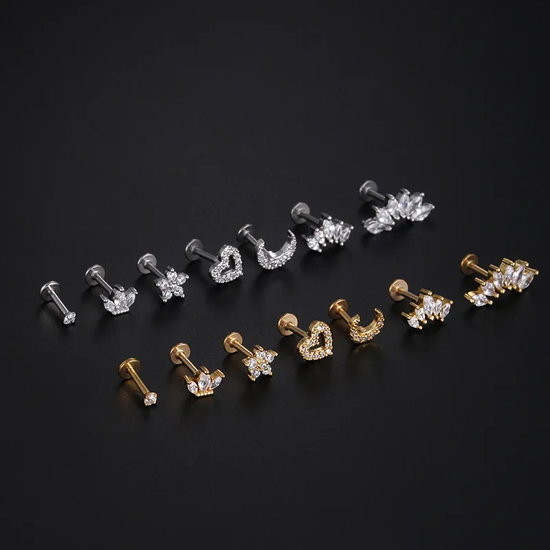 1Piece 1.2mm Heart Flower Crown Cartilage Earrings Stainless Steel Zircon Conch Rook Tragus Stud Labret Back Piercing Jewelry
