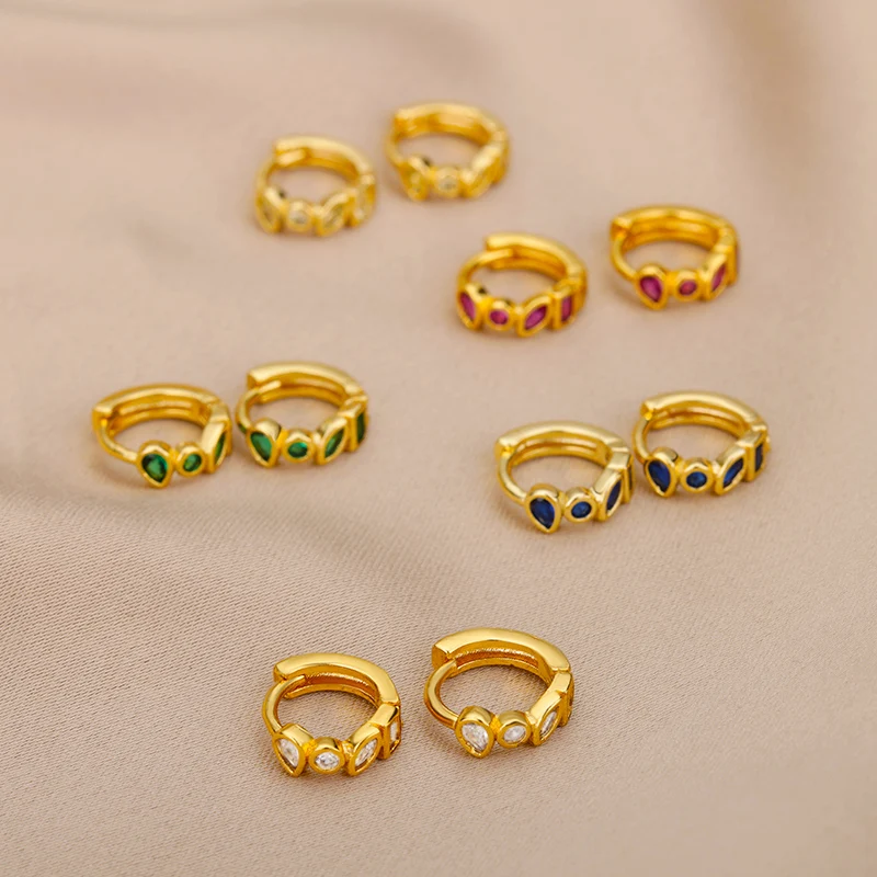 Tiny Stainless Steel Earrings For Women Girls Trendy Cubic Green Zirconic Waterdrop Small Hoop Earrings Aesthetic Jewelry