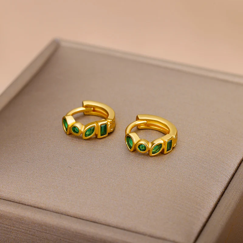 Tiny Stainless Steel Earrings For Women Girls Trendy Cubic Green Zirconic Waterdrop Small Hoop Earrings Aesthetic Jewelry