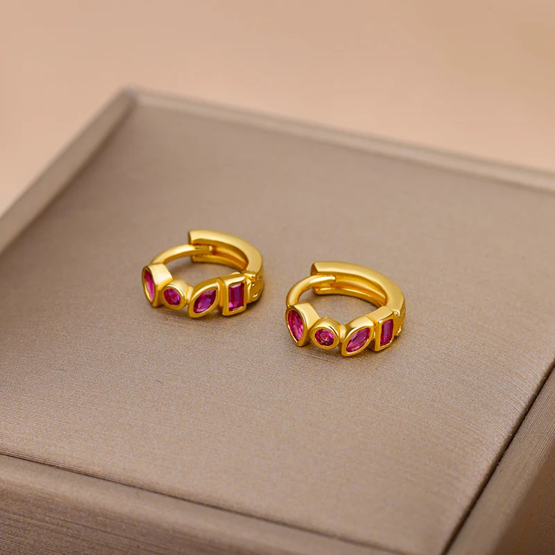 Tiny Stainless Steel Earrings For Women Girls Trendy Cubic Green Zirconic Waterdrop Small Hoop Earrings Aesthetic Jewelry