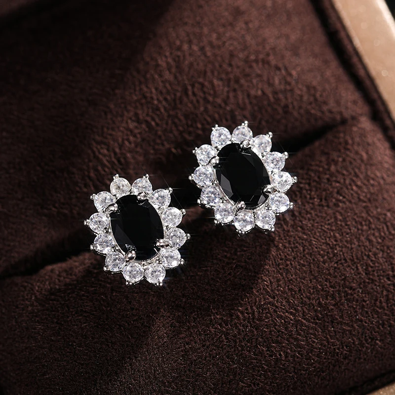 Huitan Fashion Sunflower Shape Stud Earrings Women Brilliant Oval Cubic Zirconia Luxury Female Party Jewelry Earring Top Quality