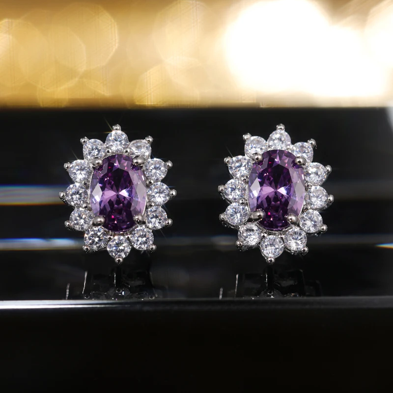 Huitan Fashion Sunflower Shape Stud Earrings Women Brilliant Oval Cubic Zirconia Luxury Female Party Jewelry Earring Top Quality