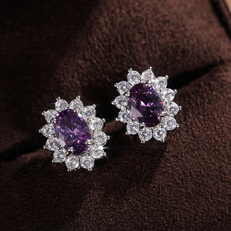 Huitan Fashion Sunflower Shape Stud Earrings Women Brilliant Oval Cubic Zirconia Luxury Female Party Jewelry Earring Top Quality