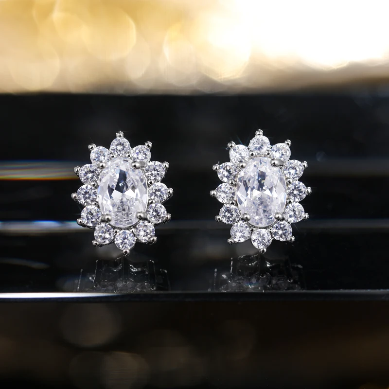 Huitan Fashion Sunflower Shape Stud Earrings Women Brilliant Oval Cubic Zirconia Luxury Female Party Jewelry Earring Top Quality