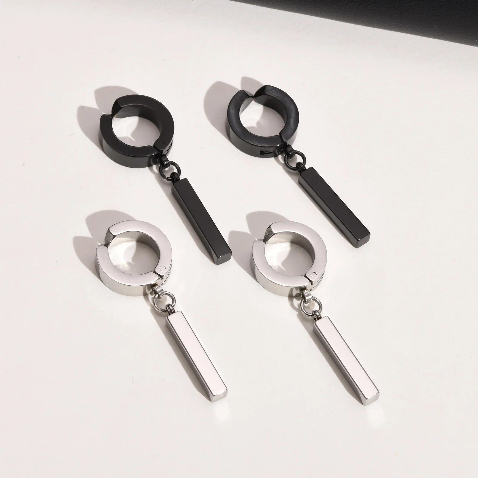 Men Simple 3D Bar Huggie Earrings Gift Jewelry, Waterproof Stainless Steel Solid Geometric Earrings No Piercing Accessory