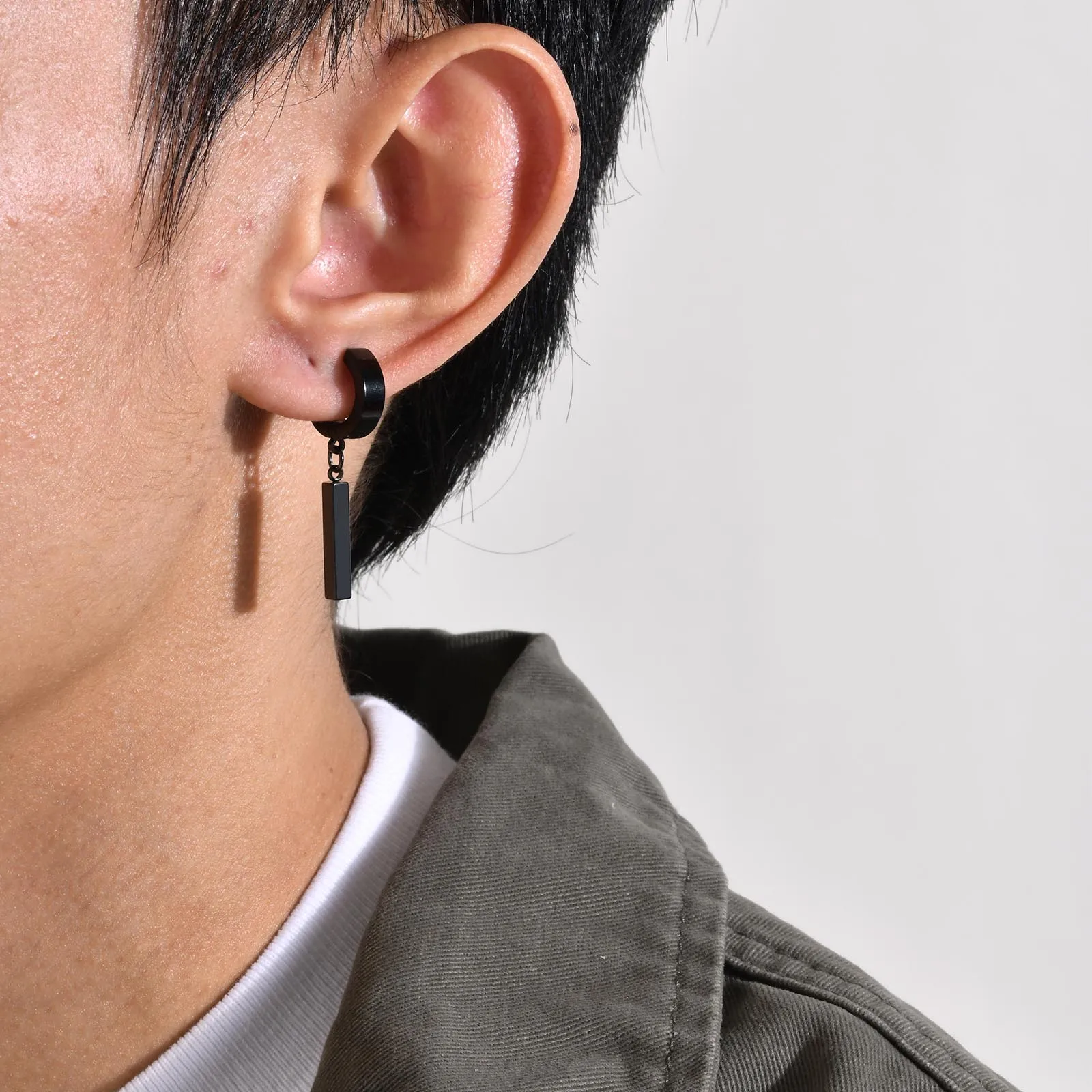 Men Simple 3D Bar Huggie Earrings Gift Jewelry, Waterproof Stainless Steel Solid Geometric Earrings No Piercing Accessory