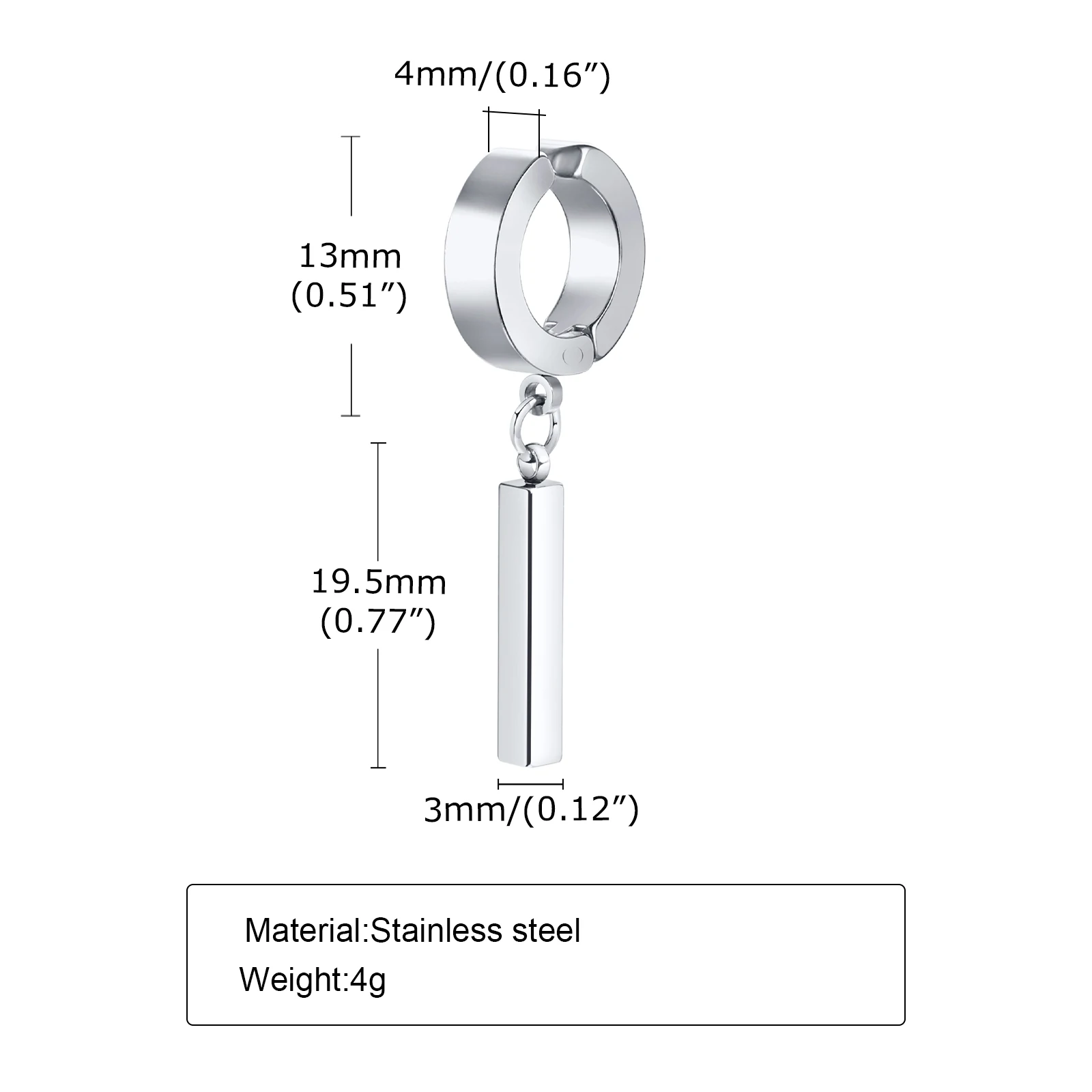 Men Simple 3D Bar Huggie Earrings Gift Jewelry, Waterproof Stainless Steel Solid Geometric Earrings No Piercing Accessory