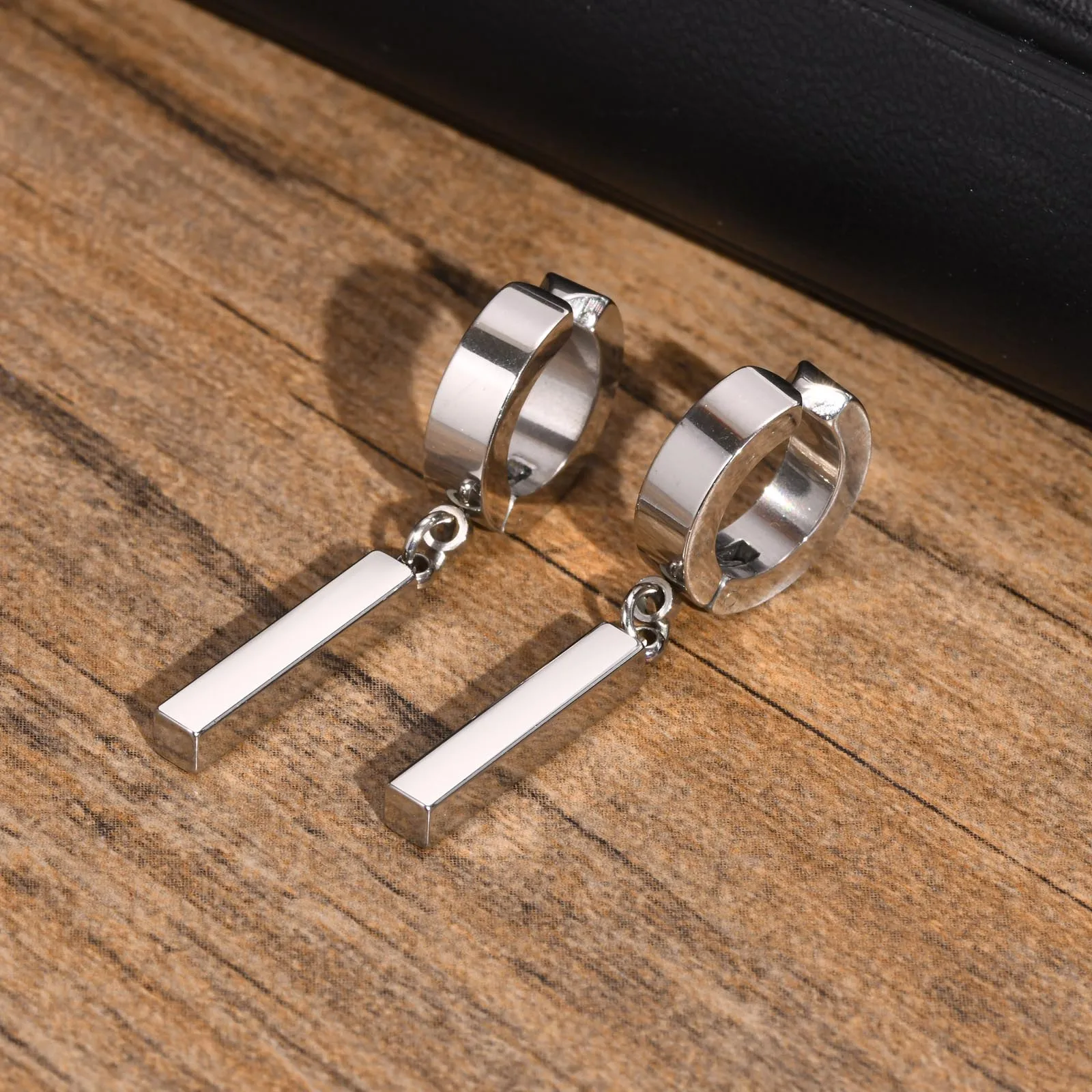 Men Simple 3D Bar Huggie Earrings Gift Jewelry, Waterproof Stainless Steel Solid Geometric Earrings No Piercing Accessory