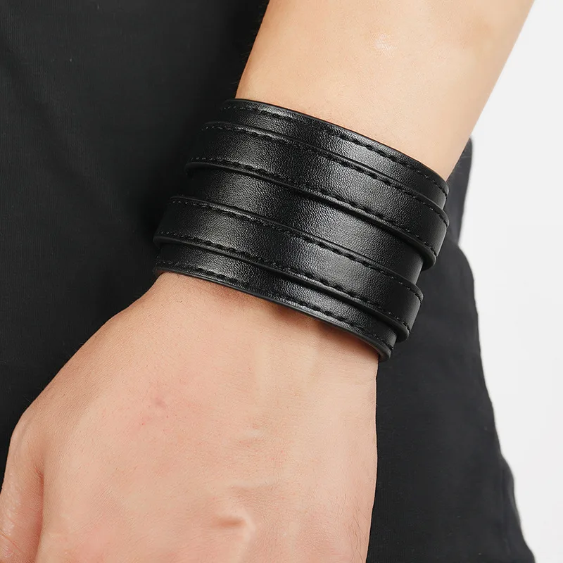 Fashion male Genuine Leather bracelet Friendship Big Wide Bracelet for Men high quality Buckle adjustable Vintage Punk Jewelry