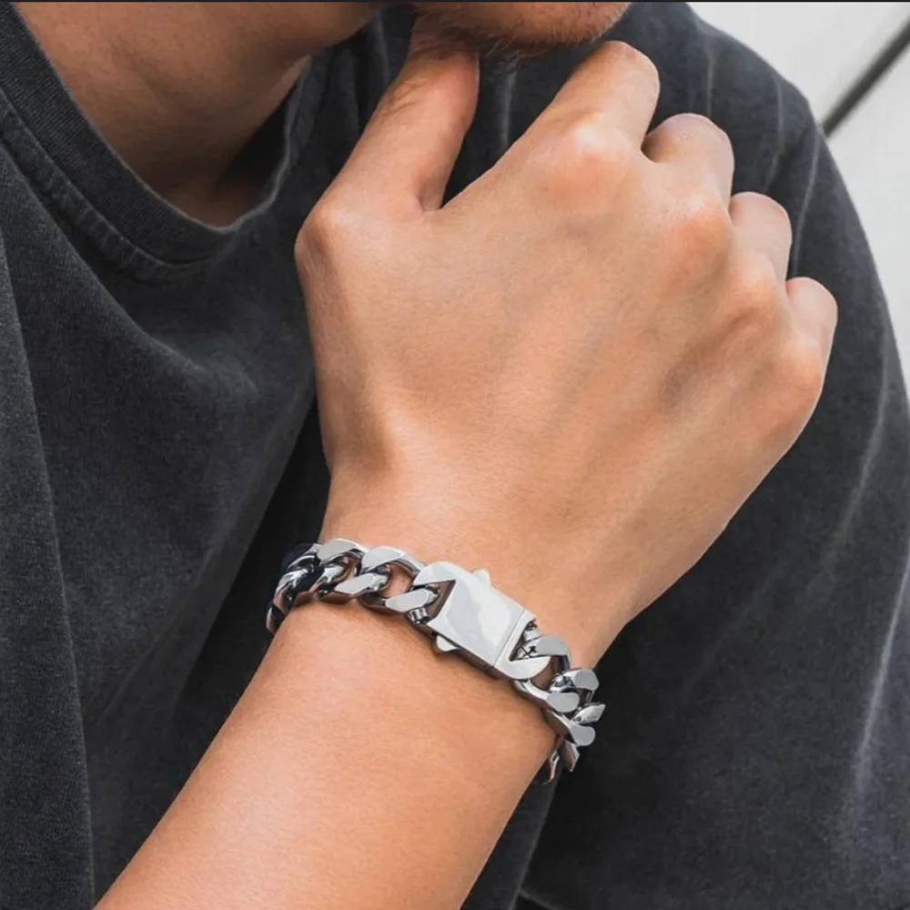 ULJ Punk Miami Cuban Link Men Hip Necklace 304 Stainless Steel Hip-Hop Female Male Bracelet Chain Ice Out Waterproof Jewelry