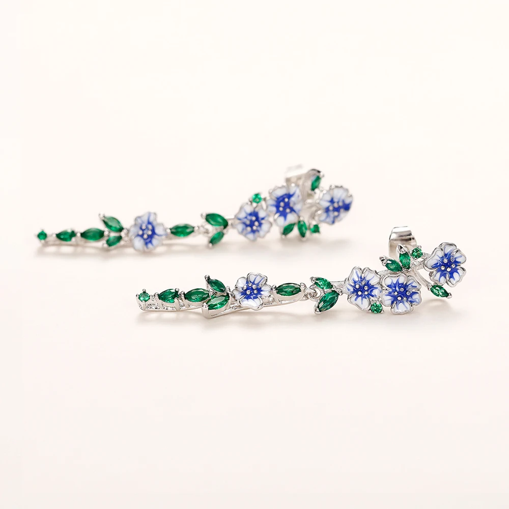 Huitan Vintage Enamel Flower Dangle Earrings Women Temperament Blue Trumpet Flower Long Earrings Wedding Party Aesthetic Jewelry