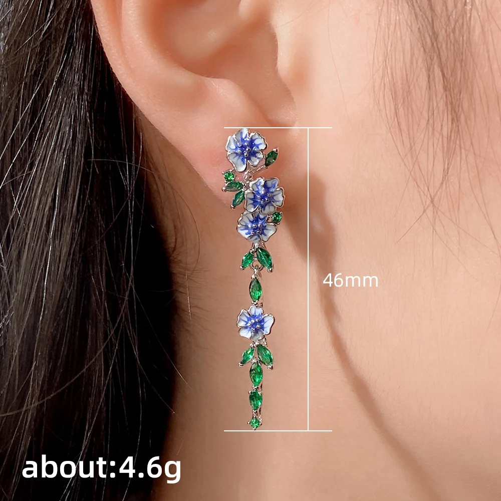 Huitan Vintage Enamel Flower Dangle Earrings Women Temperament Blue Trumpet Flower Long Earrings Wedding Party Aesthetic Jewelry