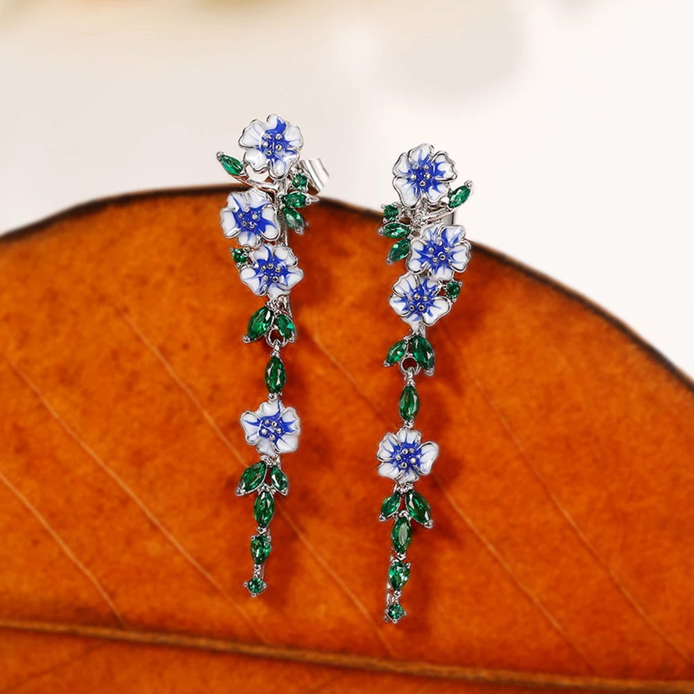 Huitan Vintage Enamel Flower Dangle Earrings Women Temperament Blue Trumpet Flower Long Earrings Wedding Party Aesthetic Jewelry