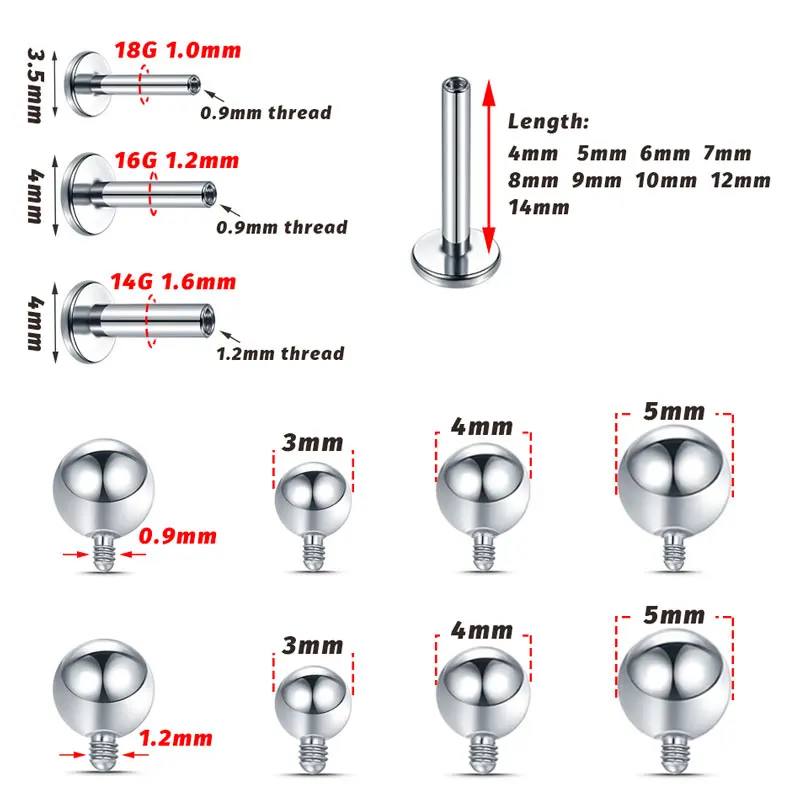 10pc ASTM-F136 Titanium Tragus Piercing 18G 16G 14G Labret Stud Lip Rings Piercing Oreja Cartilage Earring Labret Body Jewelry