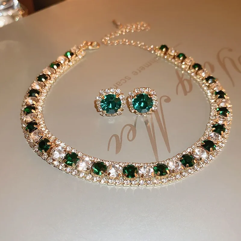 FYUAN Luxury Necklace Earrings Sets Green Crystal Necklace Women Weddings Bride Jewelry Accessories