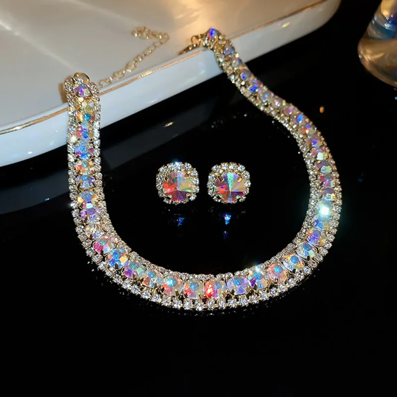 FYUAN Luxury Necklace Earrings Sets Green Crystal Necklace Women Weddings Bride Jewelry Accessories