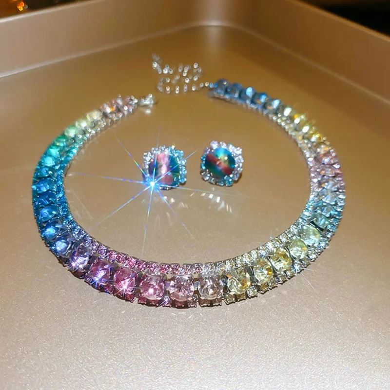 FYUAN Luxury Necklace Earrings Sets Green Crystal Necklace Women Weddings Bride Jewelry Accessories