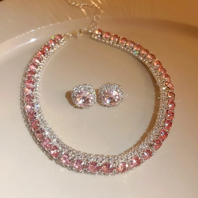 FYUAN Luxury Necklace Earrings Sets Green Crystal Necklace Women Weddings Bride Jewelry Accessories