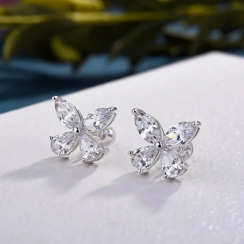 Huitan Crystal Butterfly Shaped Stud Earrings for Women Silver Color Dainty Female Ear Accessories Party Wedding Bridal Jewelry