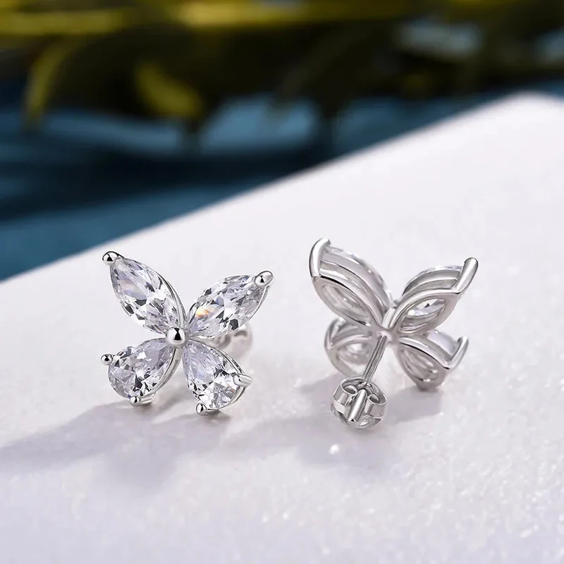 Huitan Crystal Butterfly Shaped Stud Earrings for Women Silver Color Dainty Female Ear Accessories Party Wedding Bridal Jewelry