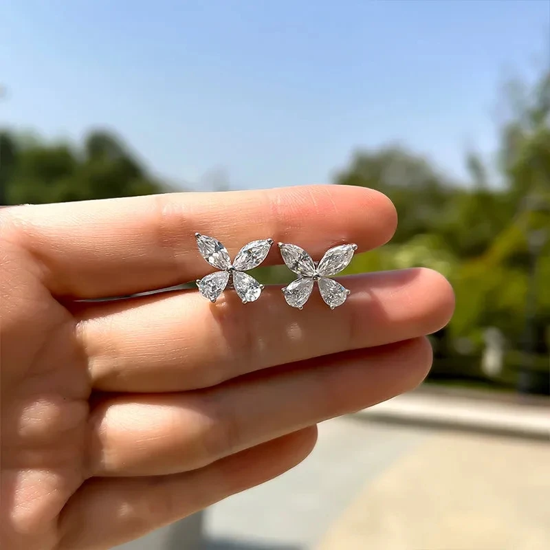 Huitan Crystal Butterfly Shaped Stud Earrings for Women Silver Color Dainty Female Ear Accessories Party Wedding Bridal Jewelry