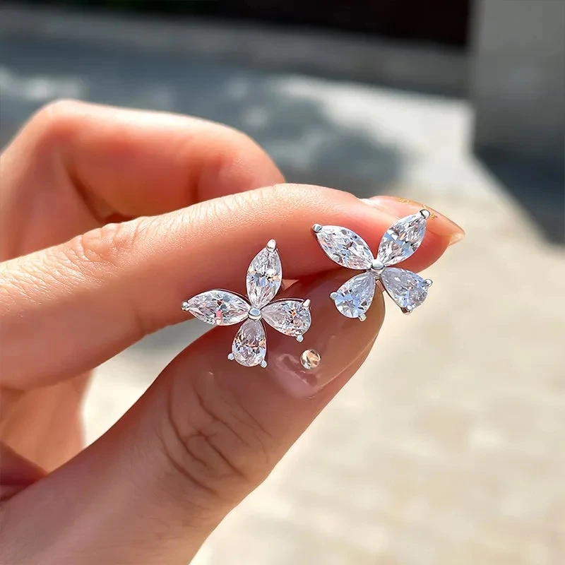 Huitan Crystal Butterfly Shaped Stud Earrings for Women Silver Color Dainty Female Ear Accessories Party Wedding Bridal Jewelry