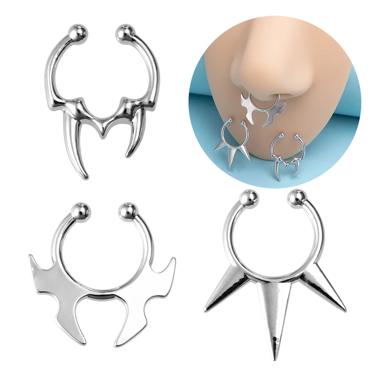 1-3pcs Fake Clip on Nose Rings Hoop Septum Non Piercing Nose Cuff Stainless Steel Horseshoe Punk for Men Women Body Jewelry