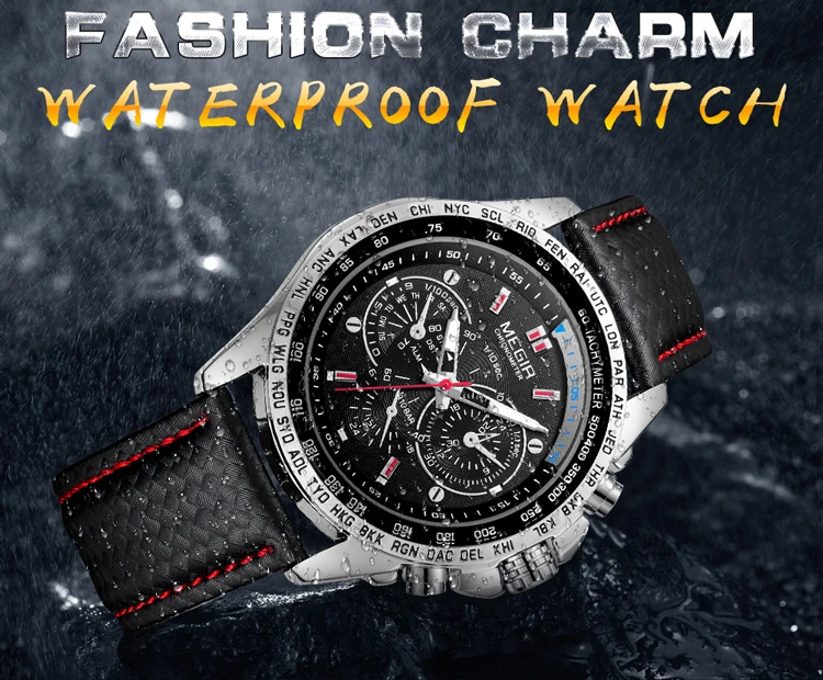 MEGIR Fashion Man's Quartz Analog Wristwatch Brand Waterproof Luxury Leather Watches for Men Casual Black Watch Male 1010
