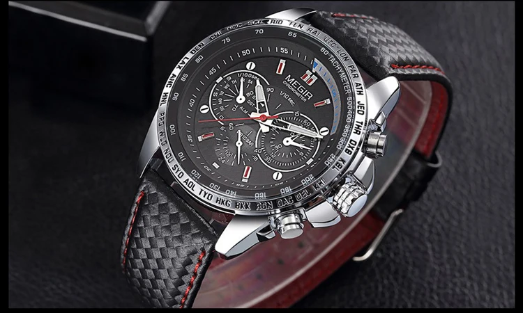 MEGIR Fashion Man's Quartz Analog Wristwatch Brand Waterproof Luxury Leather Watches for Men Casual Black Watch Male 1010