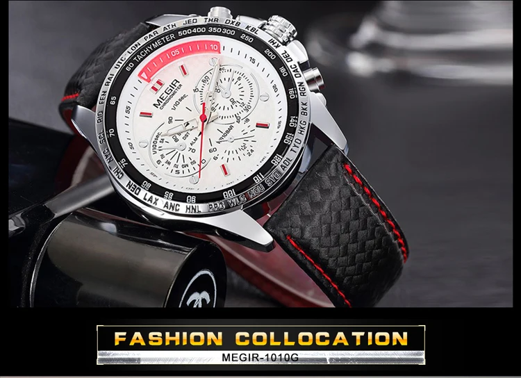 MEGIR Fashion Man's Quartz Analog Wristwatch Brand Waterproof Luxury Leather Watches for Men Casual Black Watch Male 1010