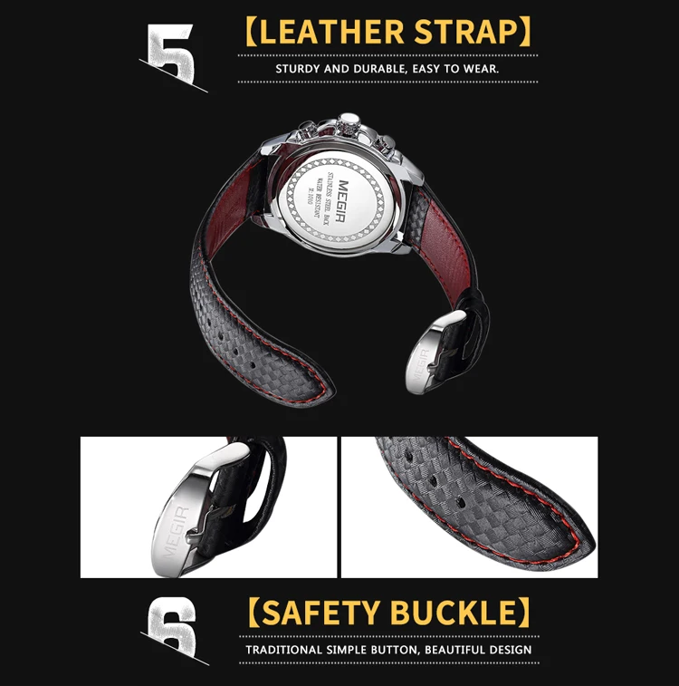 MEGIR Fashion Man's Quartz Analog Wristwatch Brand Waterproof Luxury Leather Watches for Men Casual Black Watch Male 1010