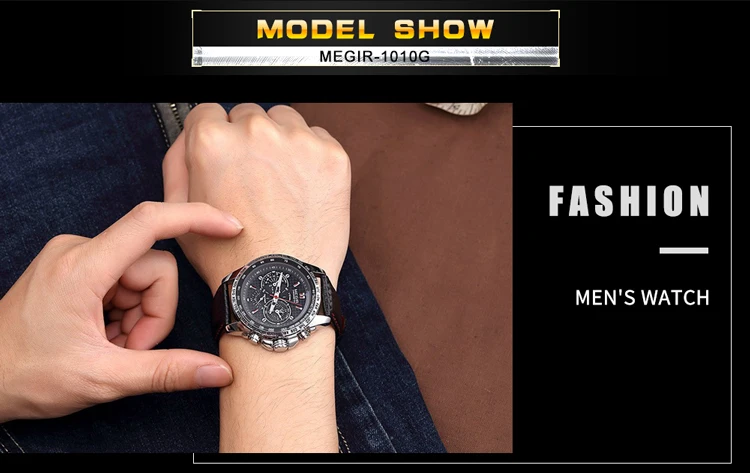 MEGIR Fashion Man's Quartz Analog Wristwatch Brand Waterproof Luxury Leather Watches for Men Casual Black Watch Male 1010
