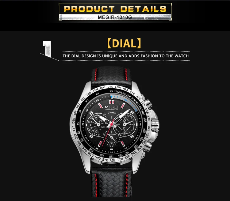 MEGIR Fashion Man's Quartz Analog Wristwatch Brand Waterproof Luxury Leather Watches for Men Casual Black Watch Male 1010
