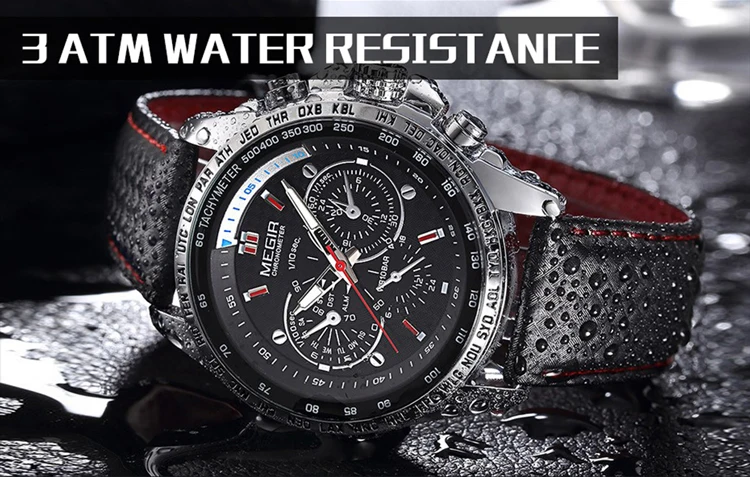 MEGIR Fashion Man's Quartz Analog Wristwatch Brand Waterproof Luxury Leather Watches for Men Casual Black Watch Male 1010