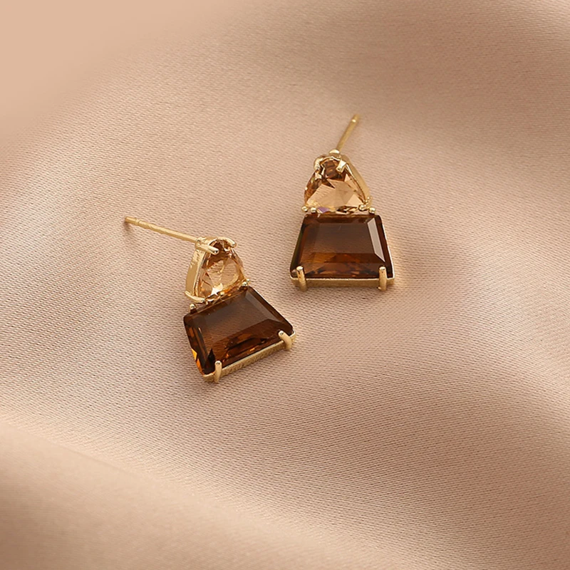 Geometric Trapezoidal Crystal Drop Earrings For Women Vintage Korean Fashion Jewelry Wedding Party Girl Elegance