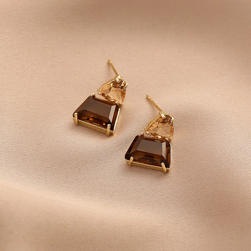 Geometric Trapezoidal Crystal Drop Earrings For Women Vintage Korean Fashion Jewelry Wedding Party Girl Elegance