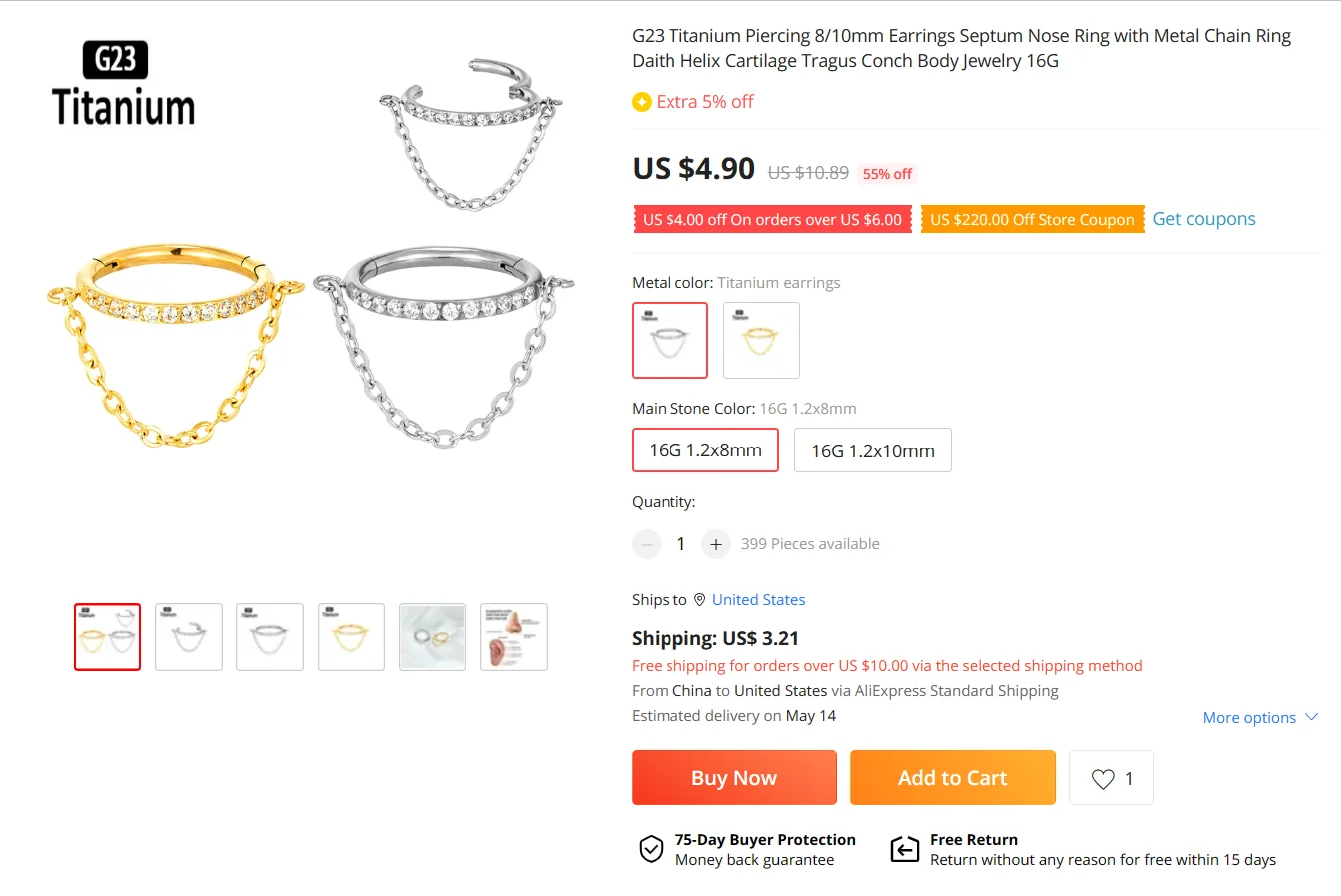 ASTM F136 Titanium Piercing Earrings Zircon Clicker Septum Nose Ring Conch Cartilage Tragus Helix Ear Piercing Body Jewelry 16G