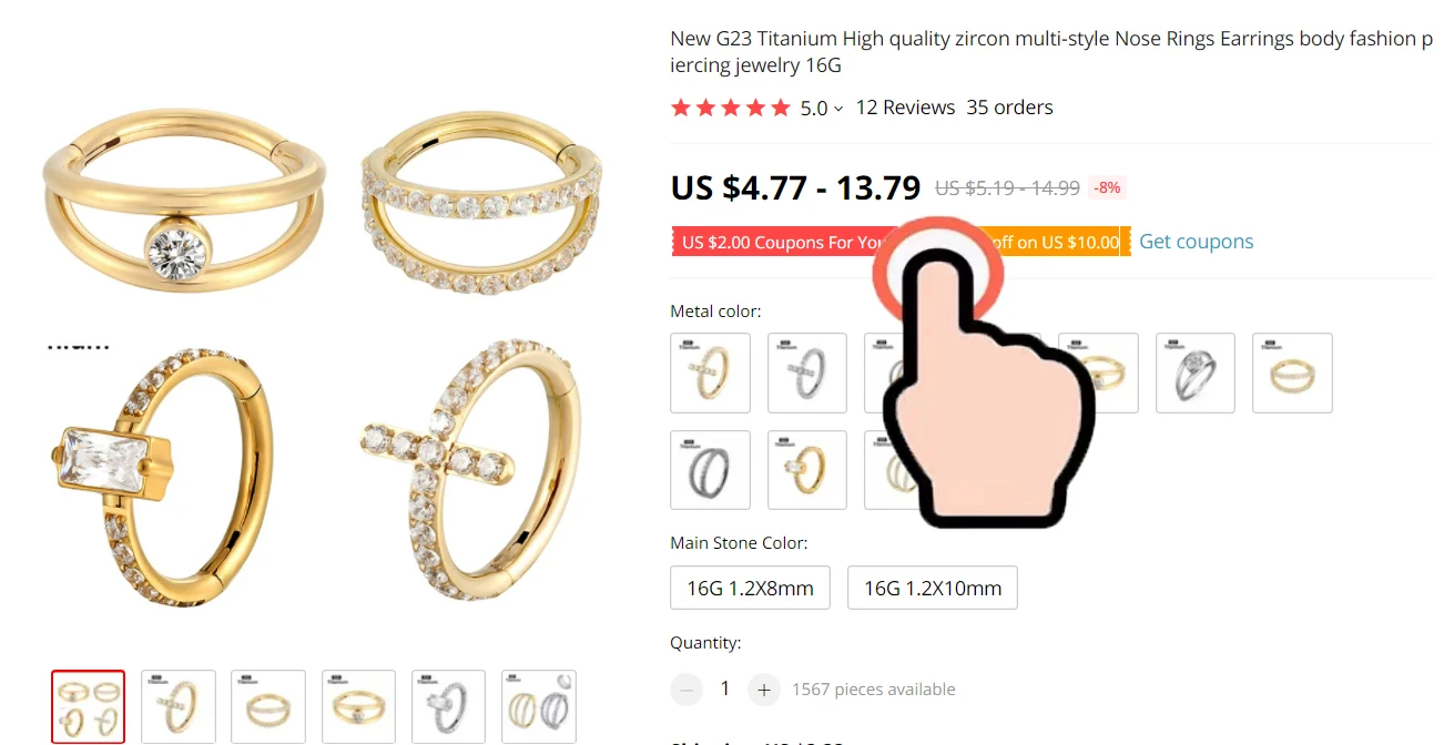 ASTM F136 Titanium Piercing Earrings Zircon Clicker Septum Nose Ring Conch Cartilage Tragus Helix Ear Piercing Body Jewelry 16G