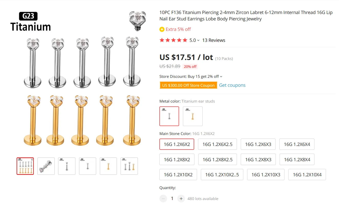 ASTM F136 Titanium Piercing Earrings Zircon Clicker Septum Nose Ring Conch Cartilage Tragus Helix Ear Piercing Body Jewelry 16G