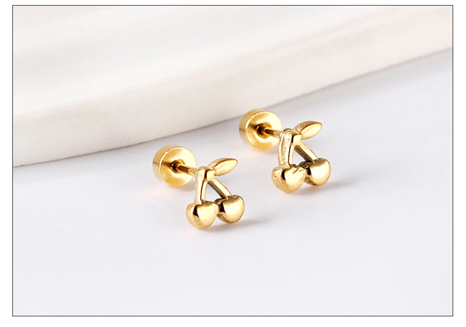 Cute Cherry Casual Women Earrings Gold Plated Stainless Steel Screw Back Aretes De Mujer Ear Stud Party Jewelry Gifts Waterproof