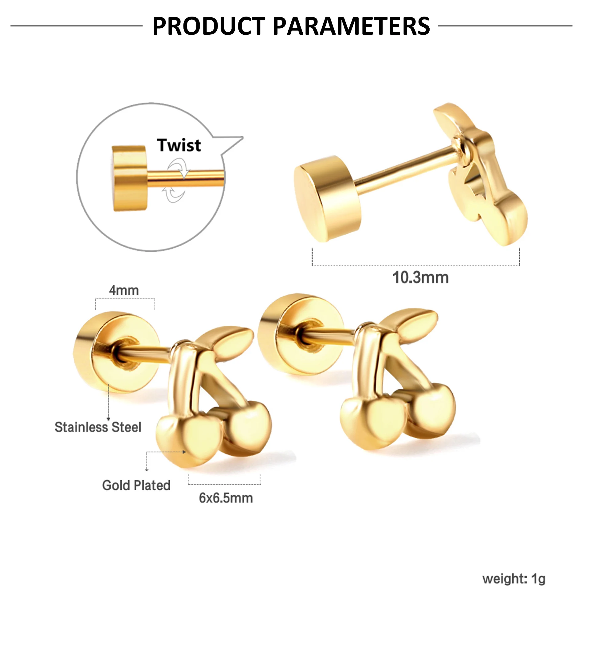 Cute Cherry Casual Women Earrings Gold Plated Stainless Steel Screw Back Aretes De Mujer Ear Stud Party Jewelry Gifts Waterproof
