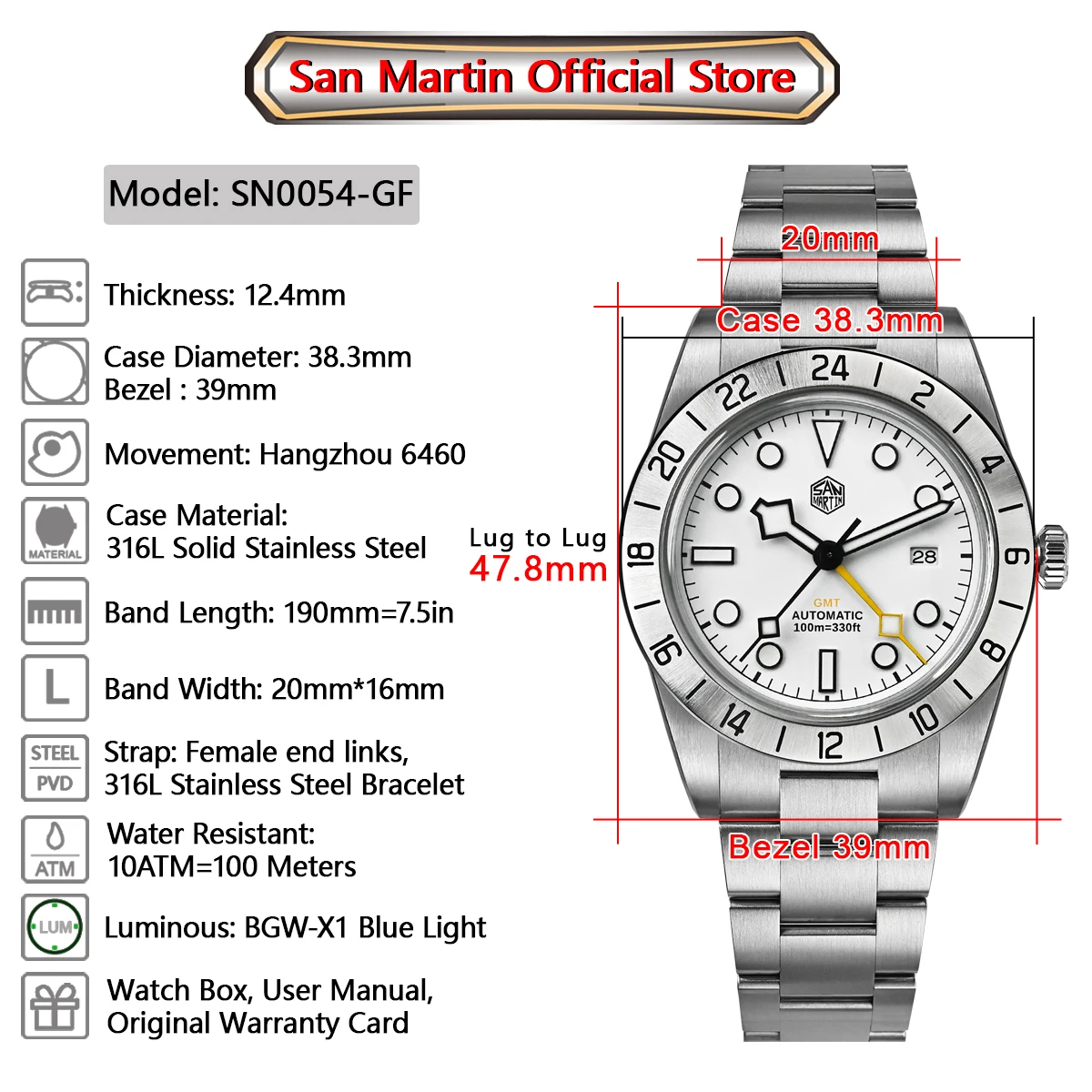 San Martin Upgraded 38.3mm BB GMT Hangzhou 6460 Men Automatic Mechanical Watches Sport Sapphire Luminous Waterproof 100m SN0054